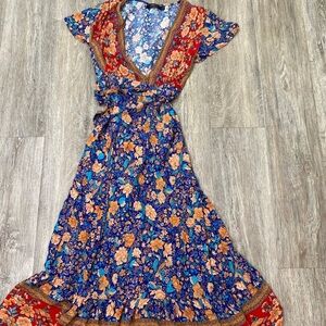 Elegant Floral V- front Maxi Dress with wrap waist- Red and Blue
